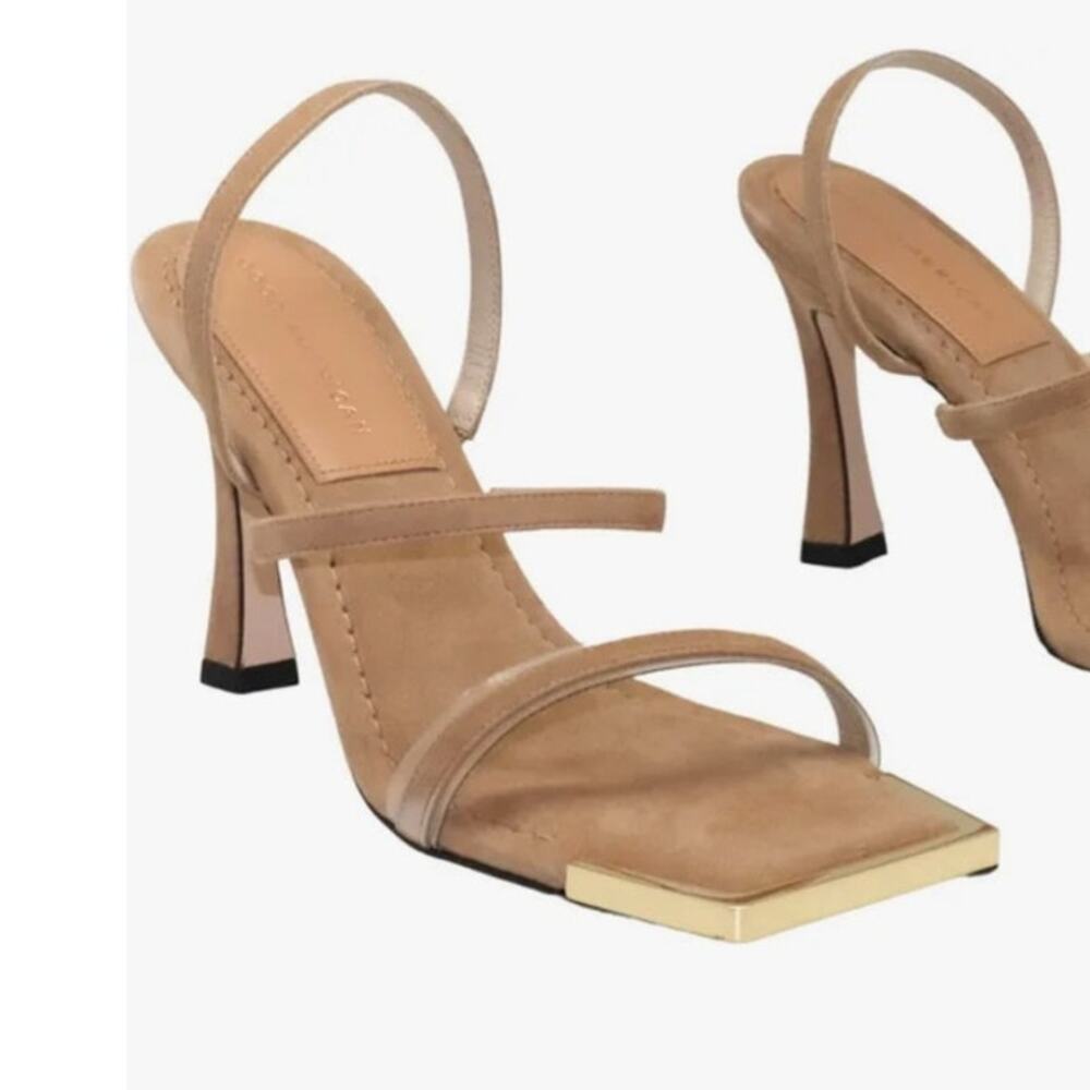 Great American Heels $105 Kardashian Square Toe sz 6.5 Suede Nude Sandal Shoes